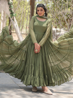 Fascinating Olive Green Georgette Mehendi Wear Gown with Dupatta