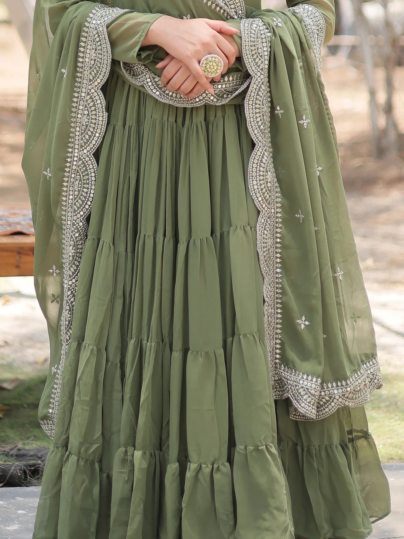 Fascinating Olive Green Georgette Mehendi Wear Gown with Dupatta