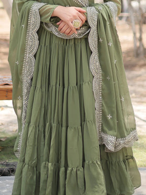 Fascinating Olive Green Georgette Mehendi Wear Gown with Dupatta