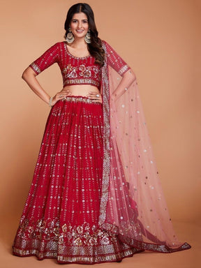 Red Sequins Georgette Wedding Wear Lehenga Choli With Dupatta