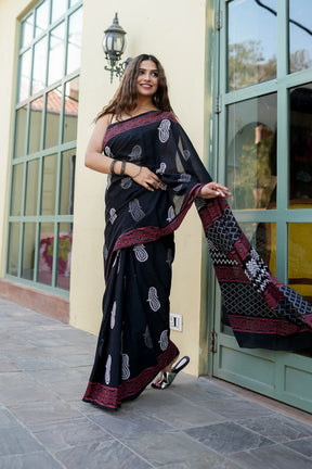 Hand-Blocked Cotton Saree with Floral and Geometric Patterns