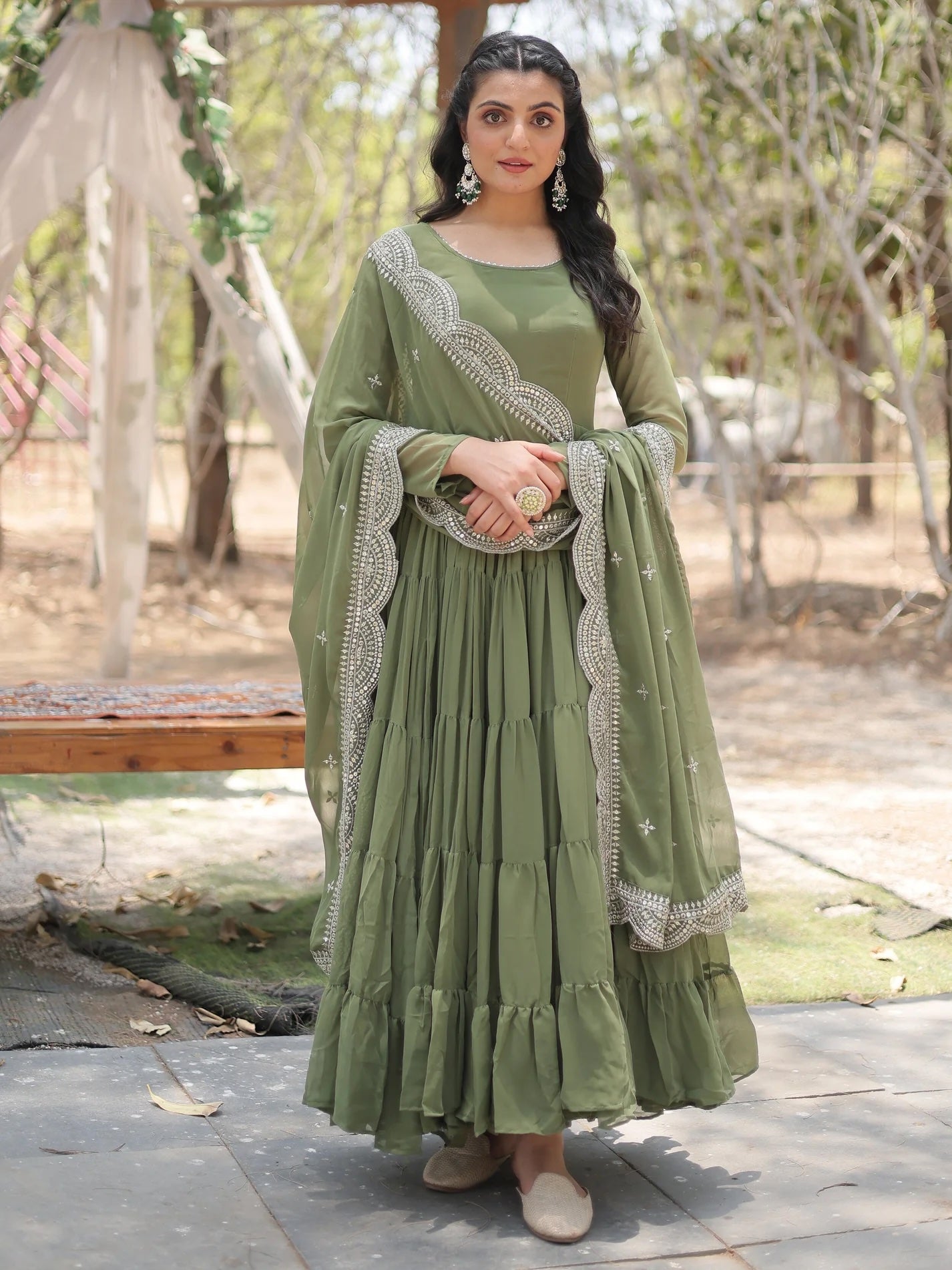 Fascinating Olive Green Georgette Mehendi Wear Gown with Dupatta