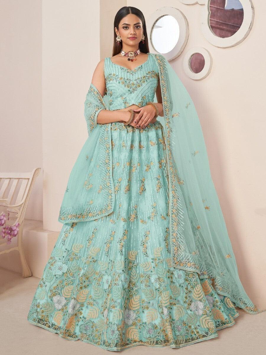 Wonderful Turquoise Thread Work Net Reception Lehenga Choli