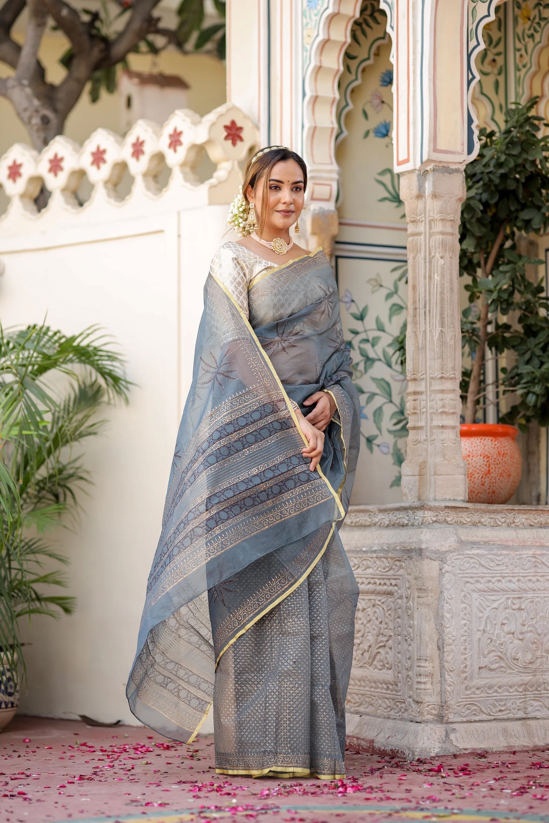 Radiant Foil Blossom Organza Saree