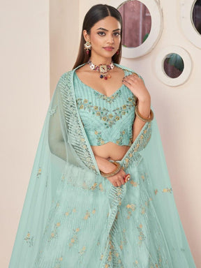 Wonderful Turquoise Thread Work Net Reception Lehenga Choli