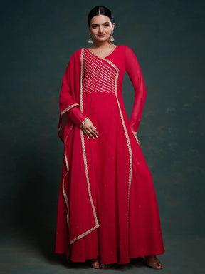 Stunning Red Lace Work Georgette Traditional Gown with Dupatta