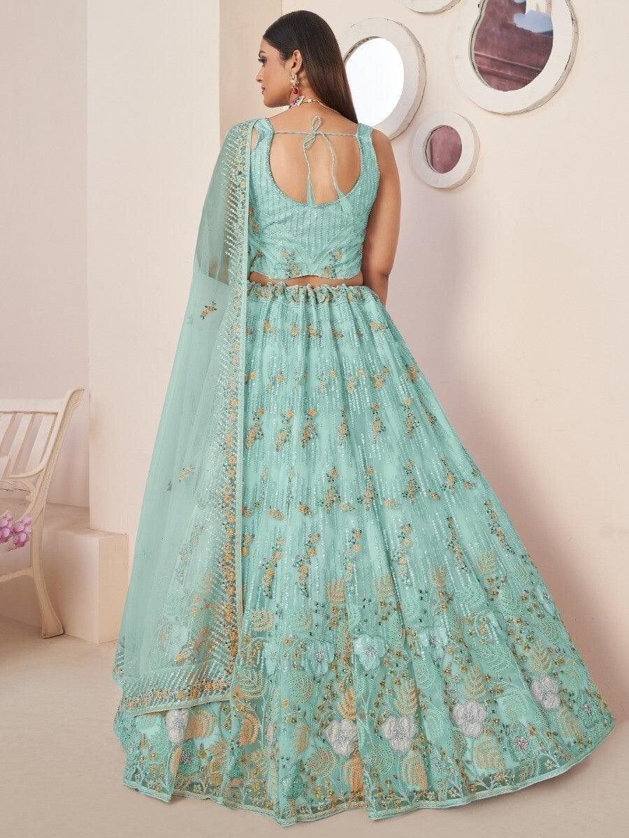 Wonderful Turquoise Thread Work Net Reception Lehenga Choli