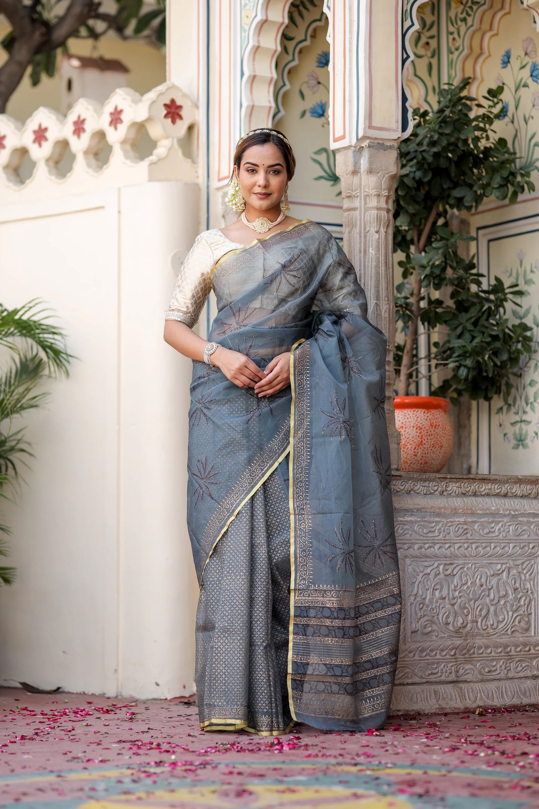 Radiant Foil Blossom Organza Saree