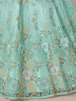 Wonderful Turquoise Thread Work Net Reception Lehenga Choli