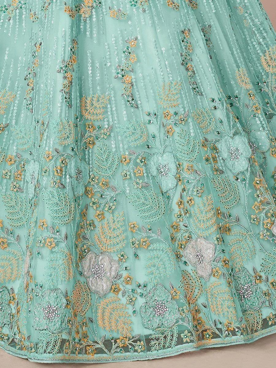 Wonderful Turquoise Thread Work Net Reception Lehenga Choli