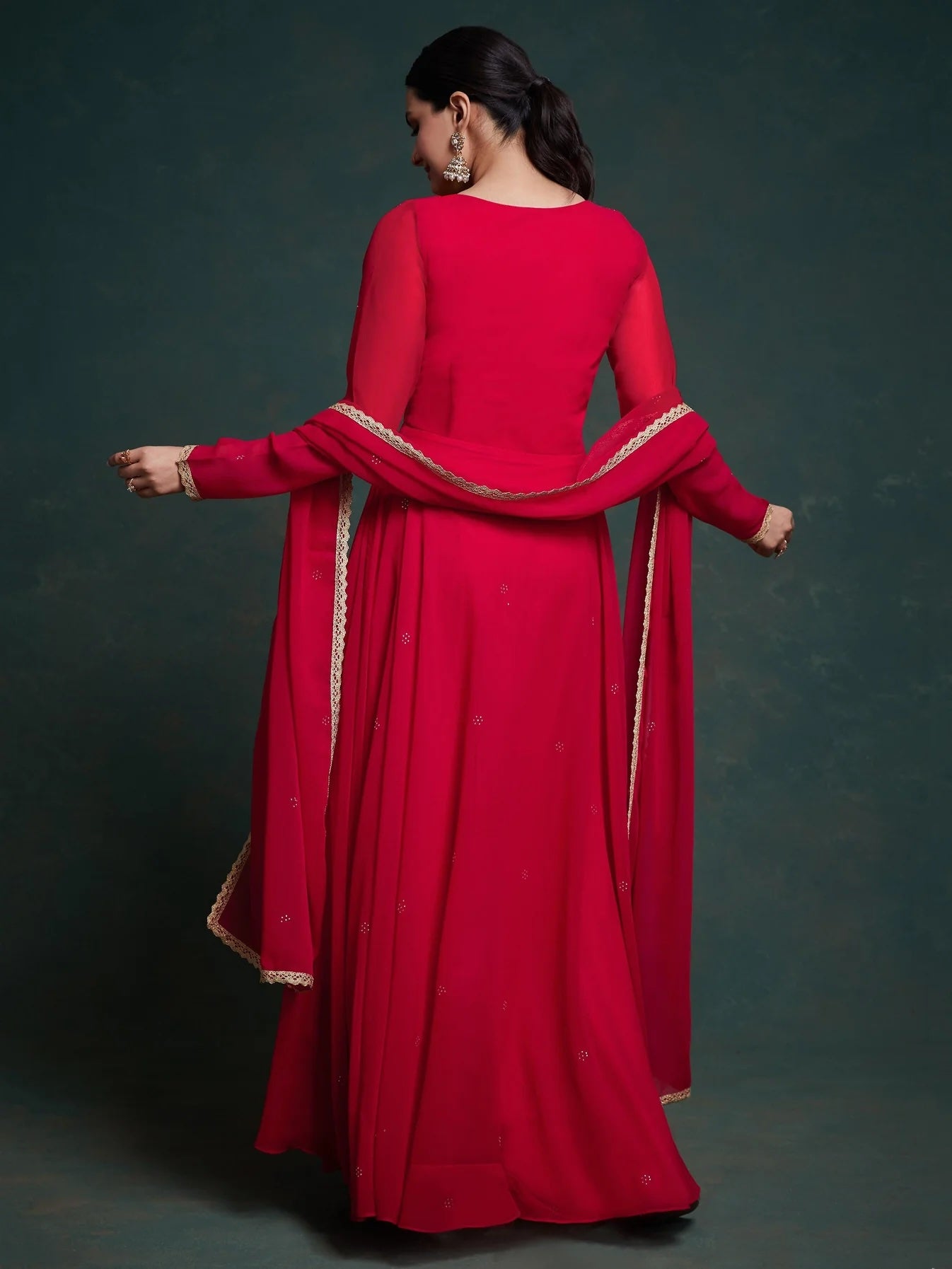 Stunning Red Lace Work Georgette Traditional Gown with Dupatta