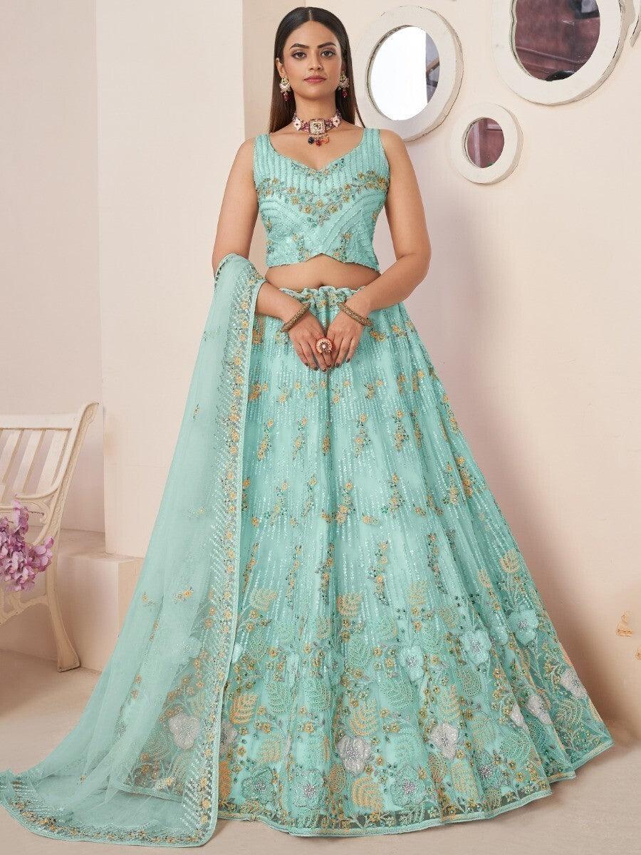 Wonderful Turquoise Thread Work Net Reception Lehenga Choli