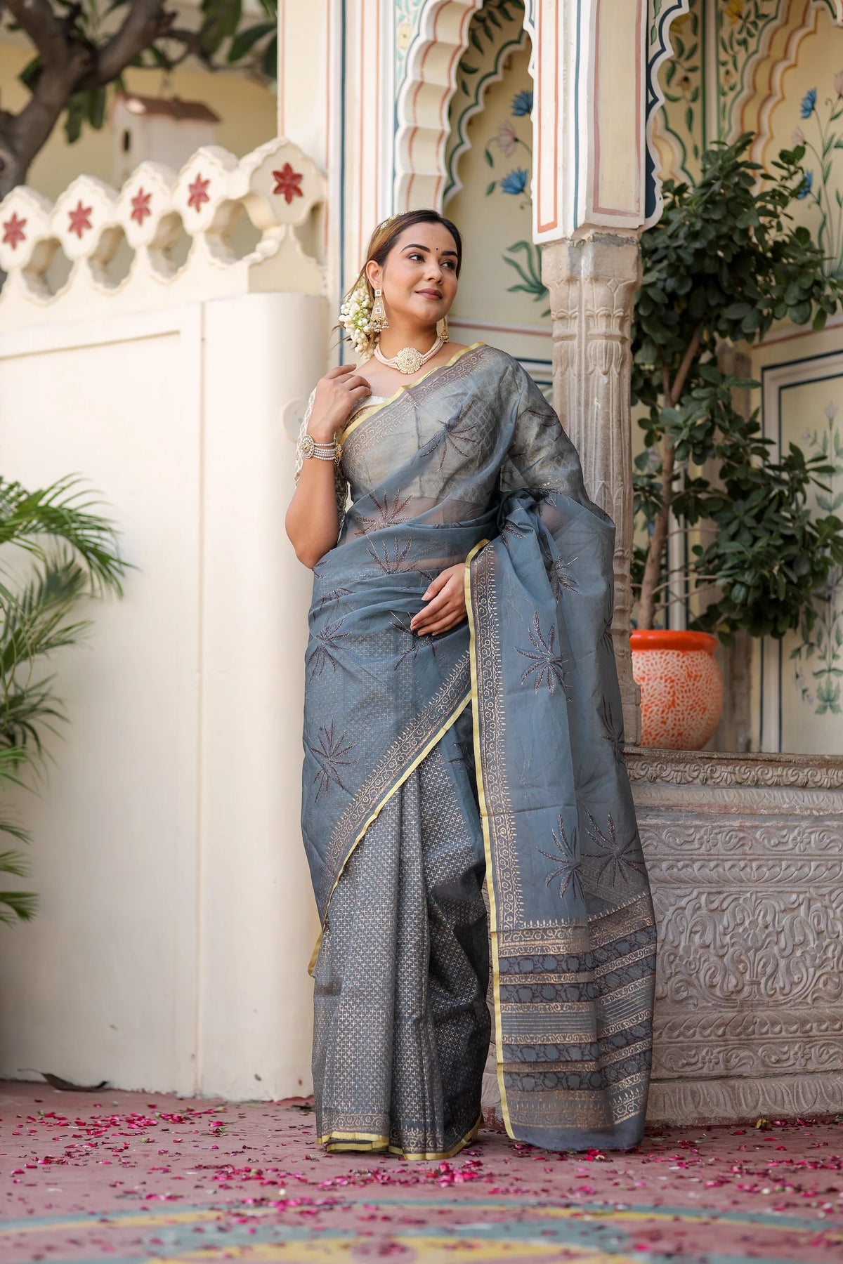 Radiant Foil Blossom Organza Saree