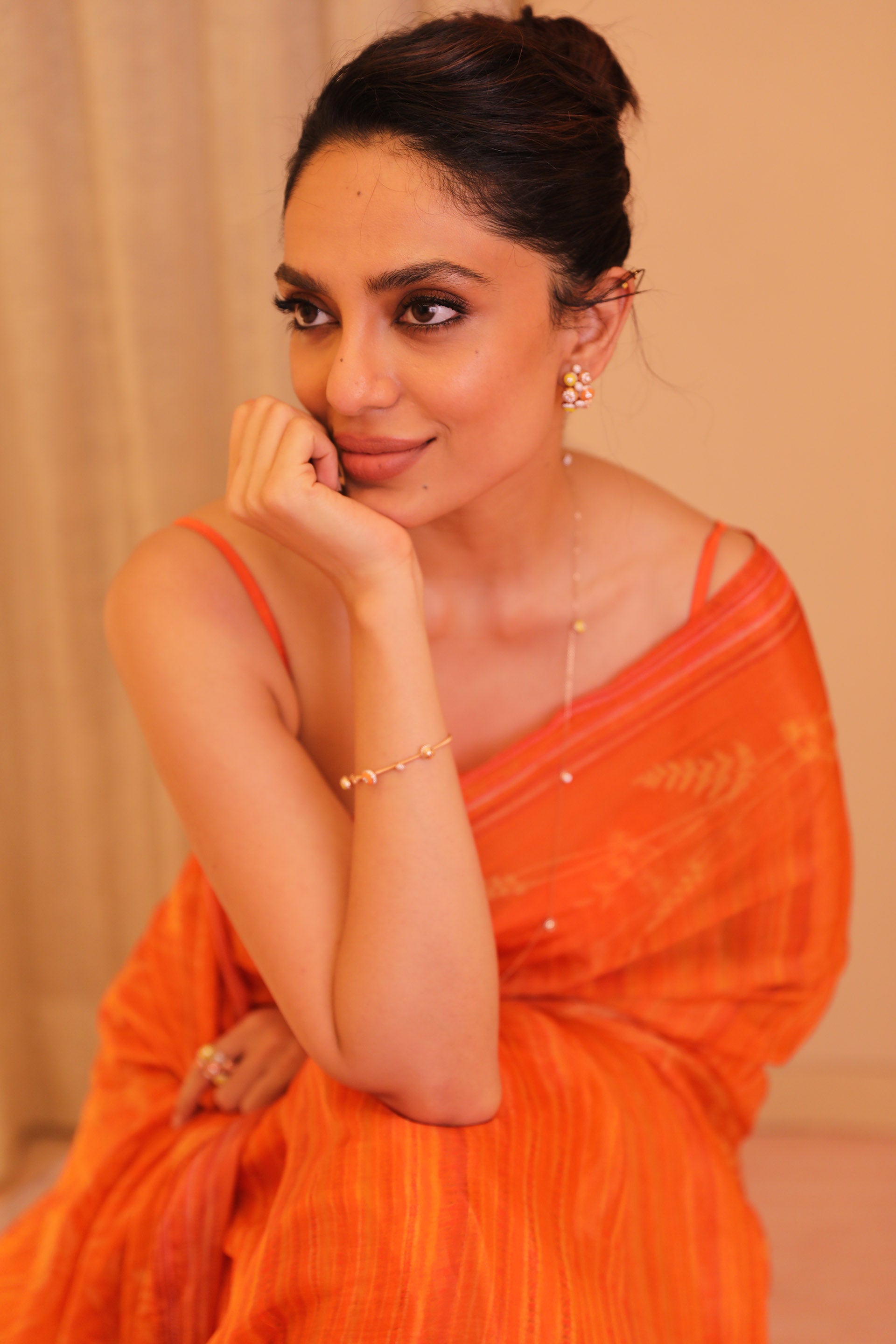 Sobhita Dhulipala in Classic Orange Floral Print Meora Saree