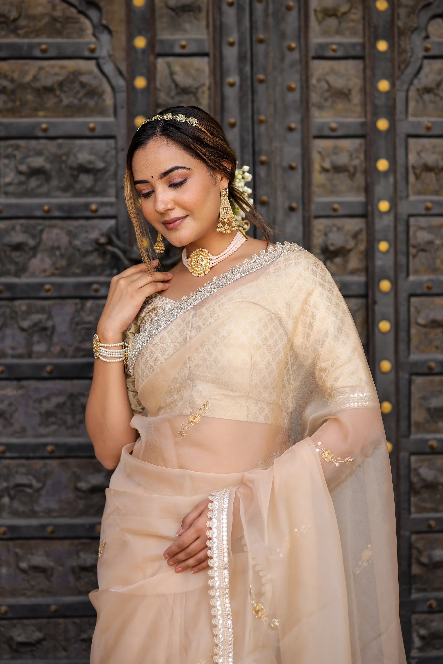 Ivory Whisper Beige Organza Saree