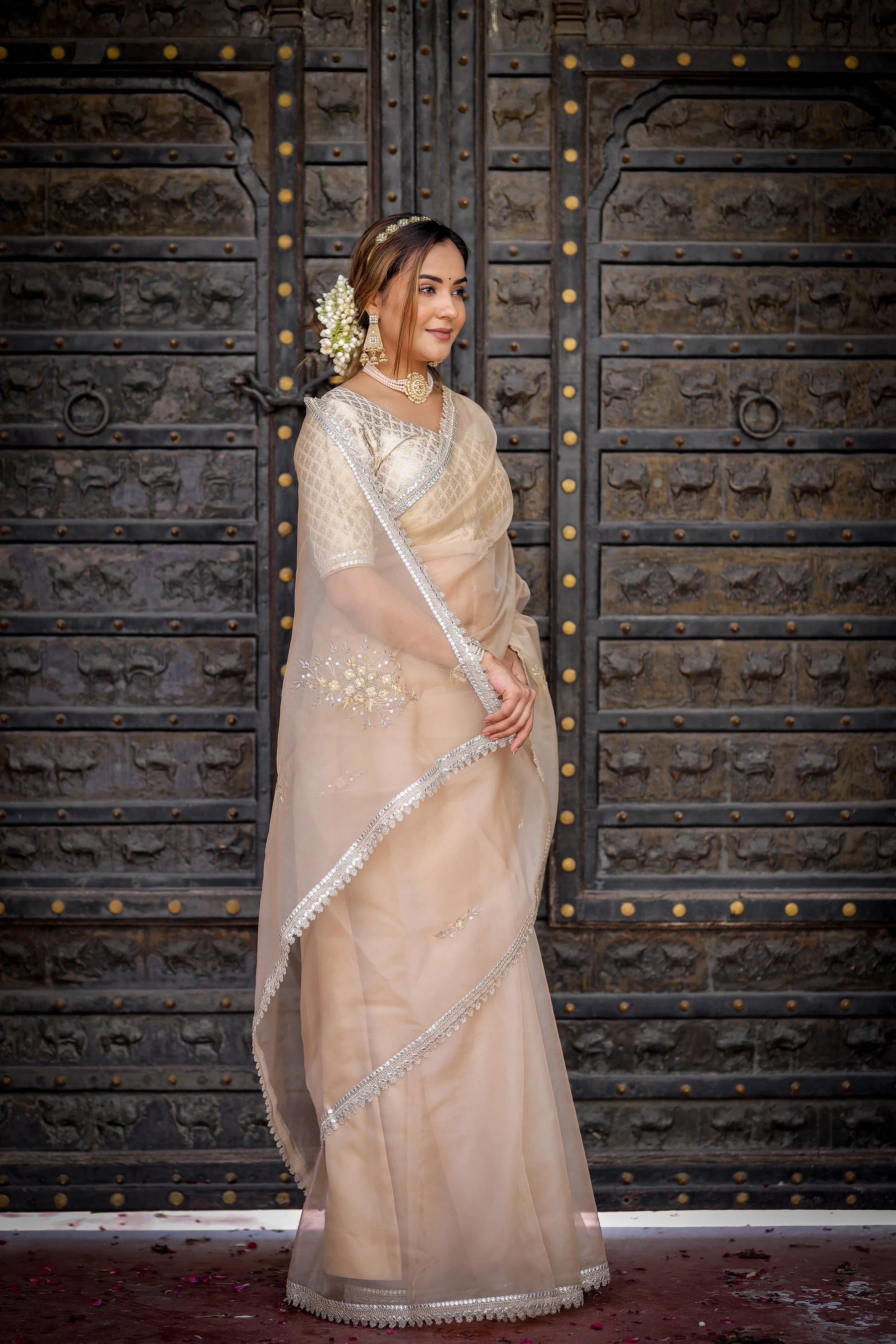 Ivory Whisper Beige Organza Saree