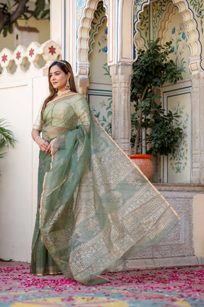 Golden Veil Handprinted Organza Saree