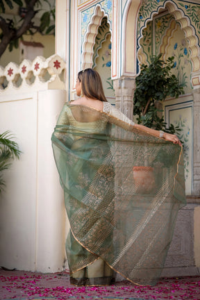 Golden Veil Handprinted Organza Saree