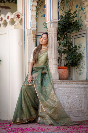 Golden Veil Handprinted Organza Saree