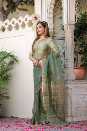 Golden Veil Handprinted Organza Saree