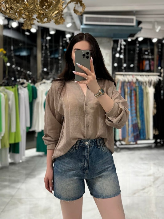 Neya Embroidered Transparent Viscose Casual Shirt in Mink