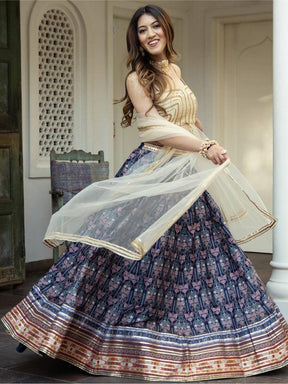 Navy Blue Digital Printed Art Silk Lehenga Choli for Sangeet