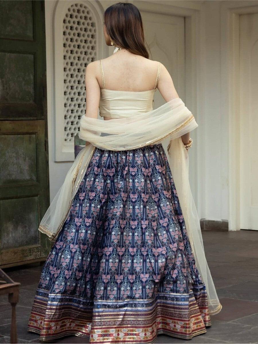 Navy Blue Digital Printed Art Silk Lehenga Choli for Sangeet