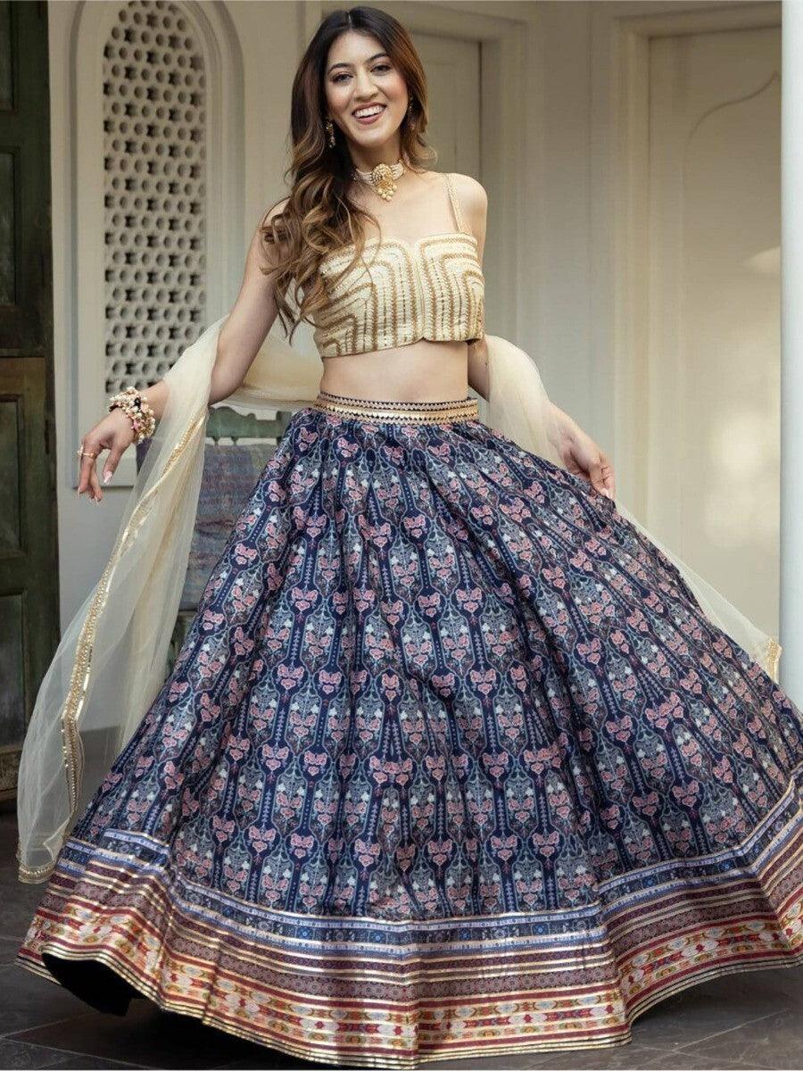 Navy Blue Digital Printed Art Silk Lehenga Choli for Sangeet