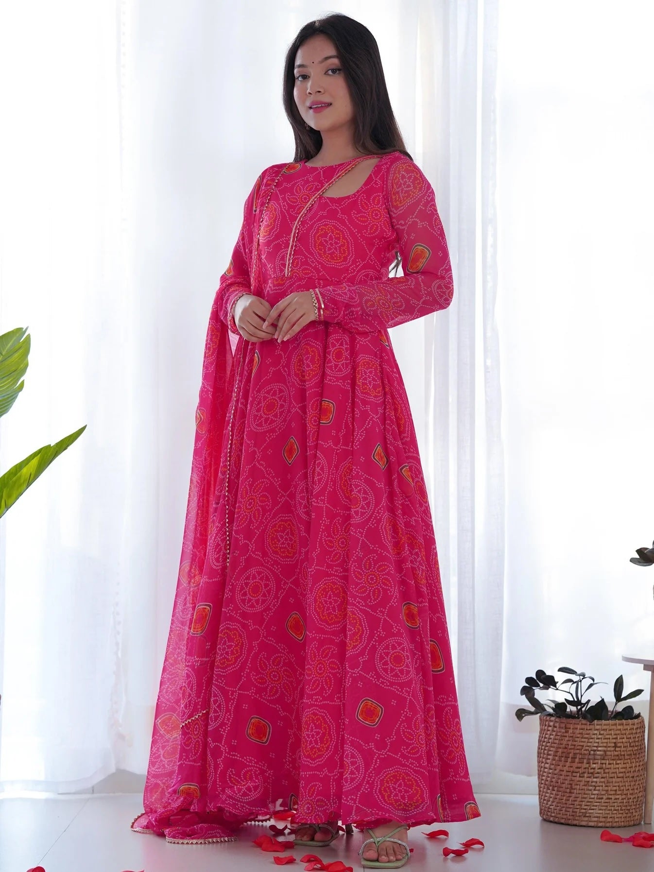 Pink Bandhani Printed Chiffon Event Wear Gown with Dupatta
