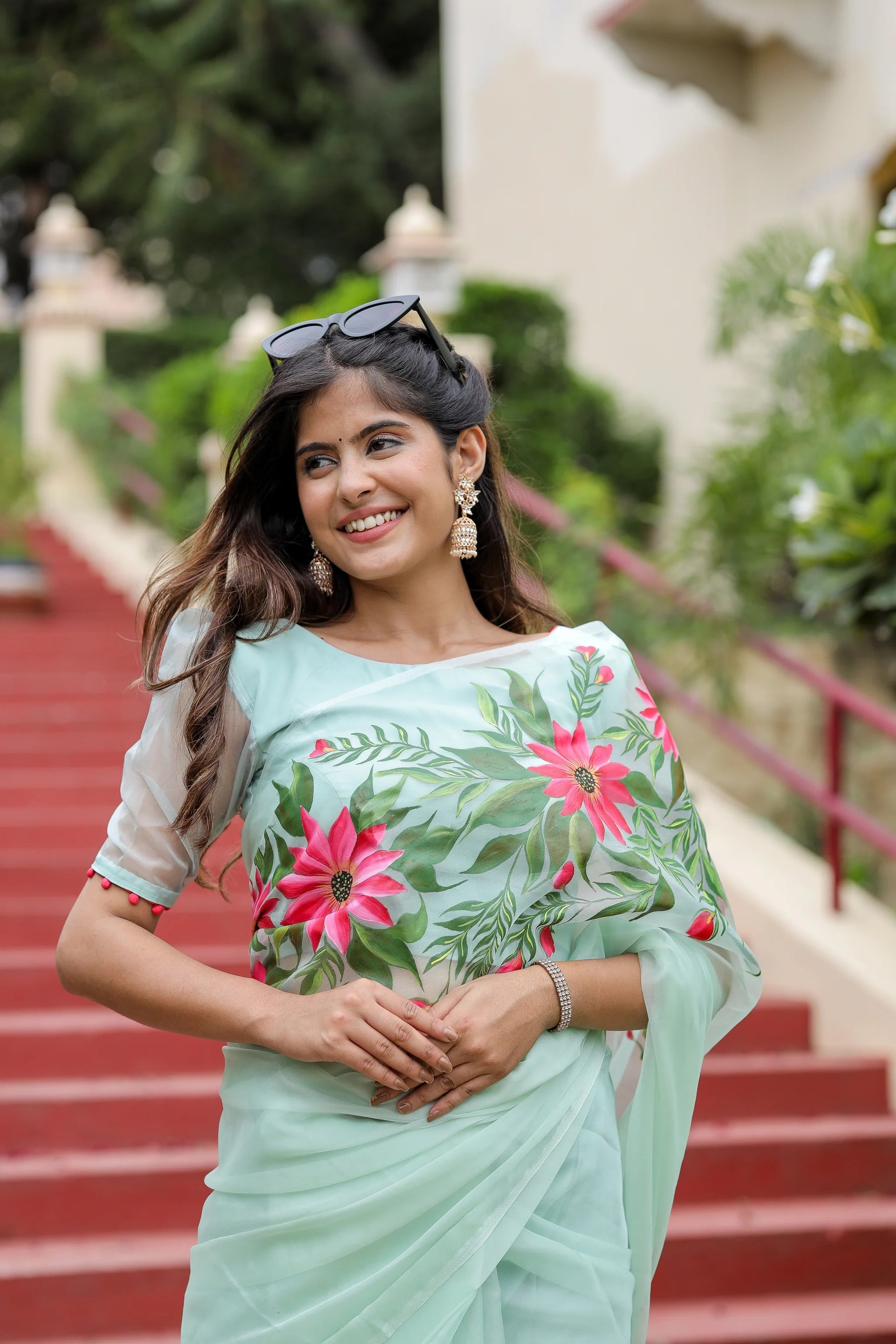 Pastel Green Hand painted Organza Saree