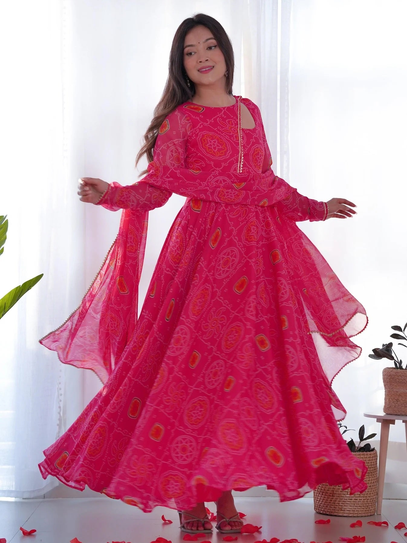 Pink Bandhani Printed Chiffon Event Wear Gown with Dupatta