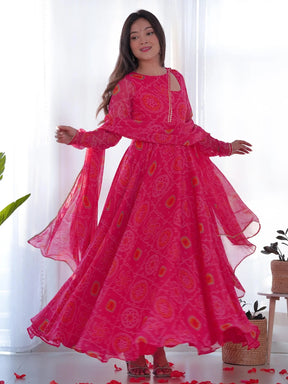 Pink Bandhani Printed Chiffon Event Wear Gown with Dupatta