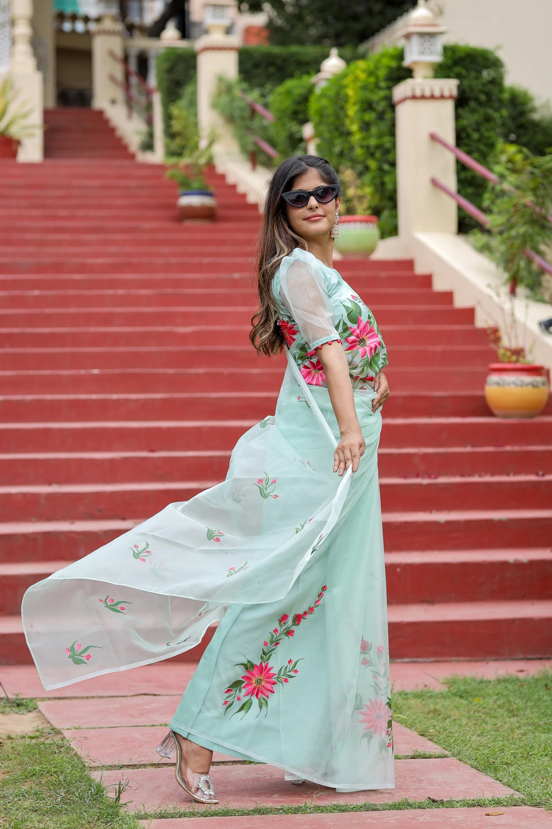 Pastel Green Hand painted Organza Saree