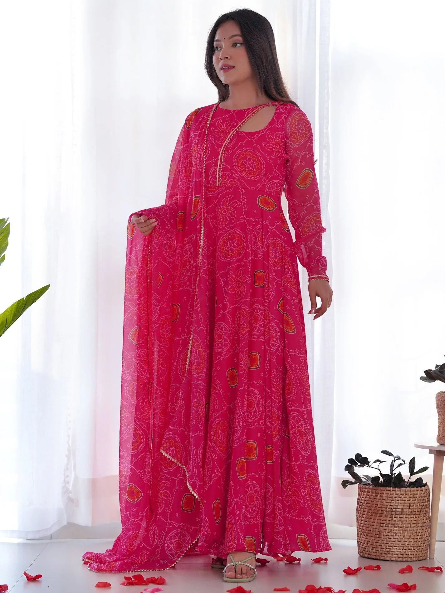 Pink Bandhani Printed Chiffon Event Wear Gown with Dupatta