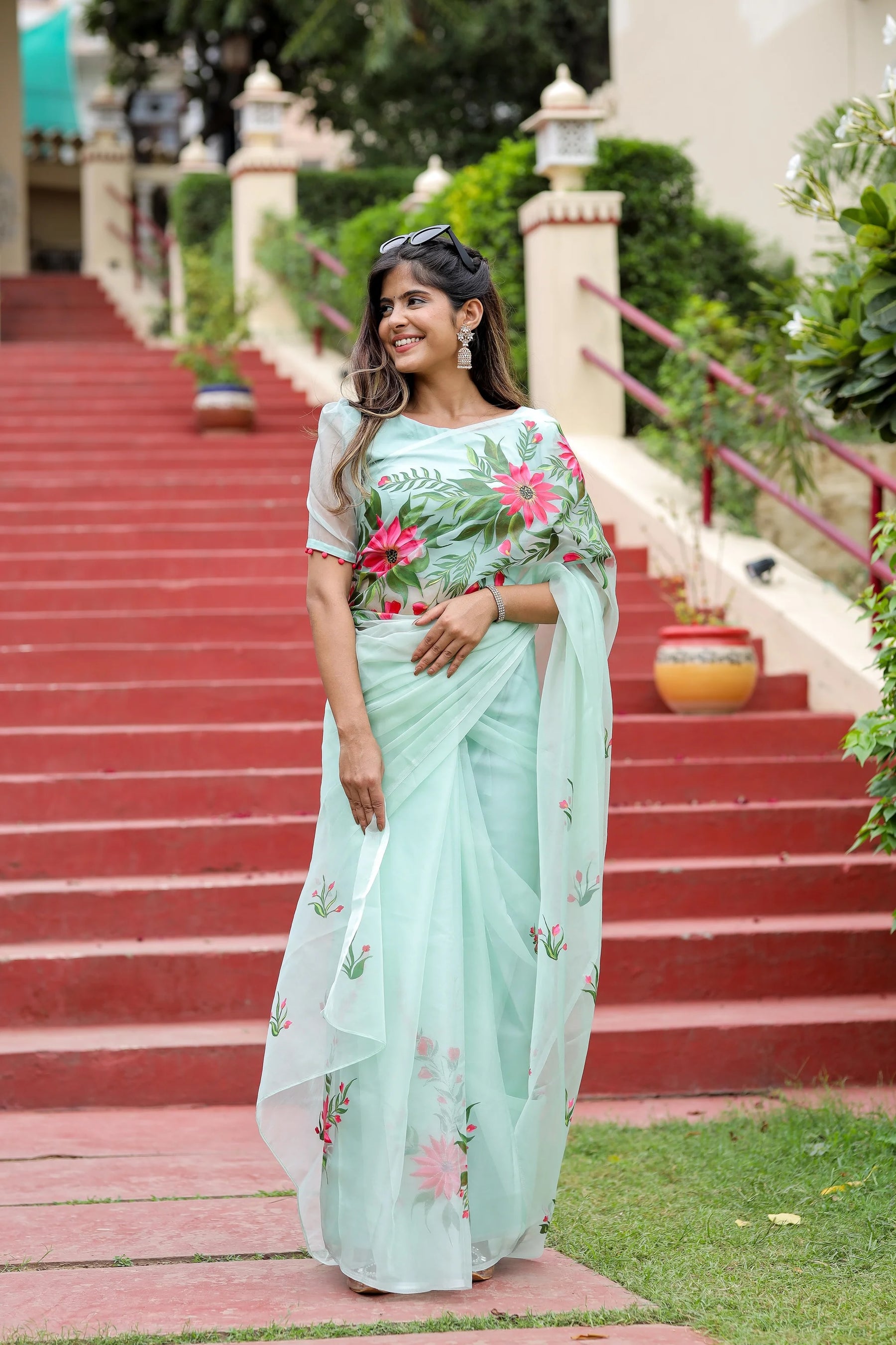 Pastel Green Hand painted Organza Saree