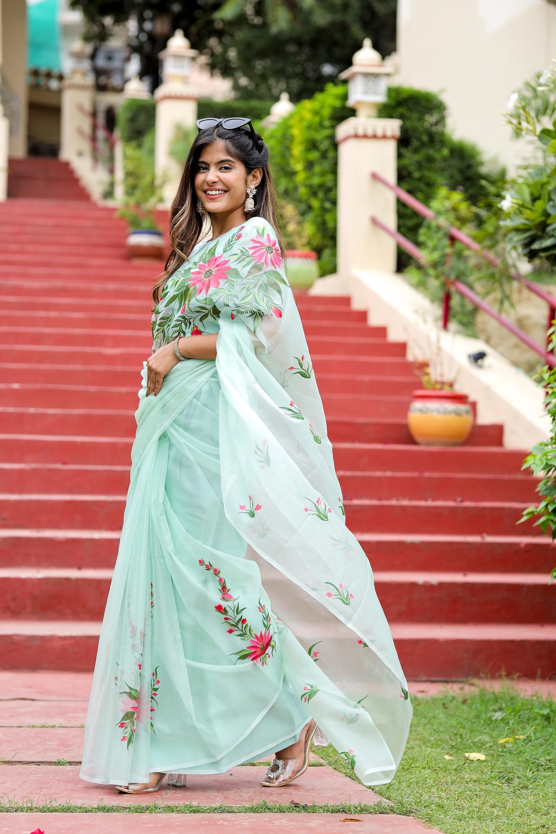 Pastel Green Hand painted Organza Saree