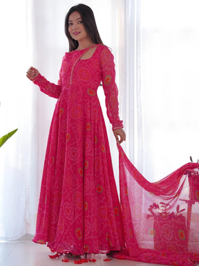 Pink Bandhani Printed Chiffon Event Wear Gown with Dupatta