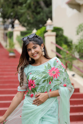 Pastel Green Hand painted Organza Saree