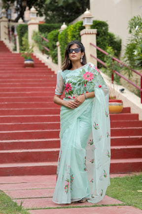 Pastel Green Hand painted Organza Saree