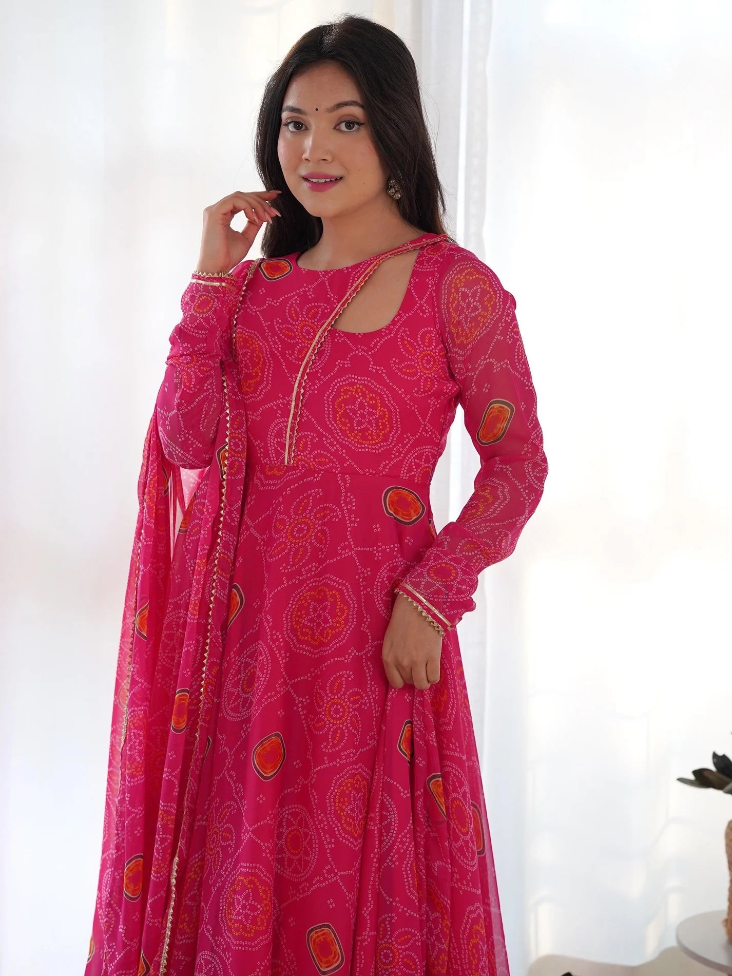 Pink Bandhani Printed Chiffon Event Wear Gown with Dupatta