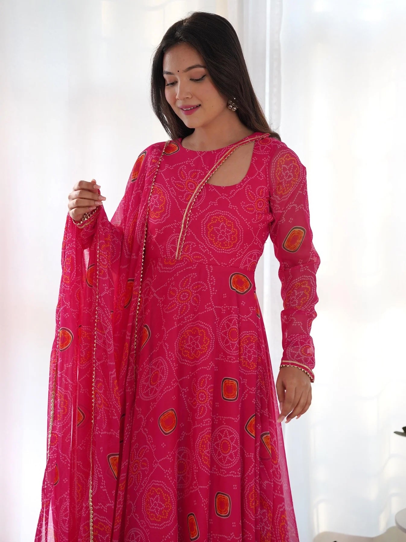 Pink Bandhani Printed Chiffon Event Wear Gown with Dupatta