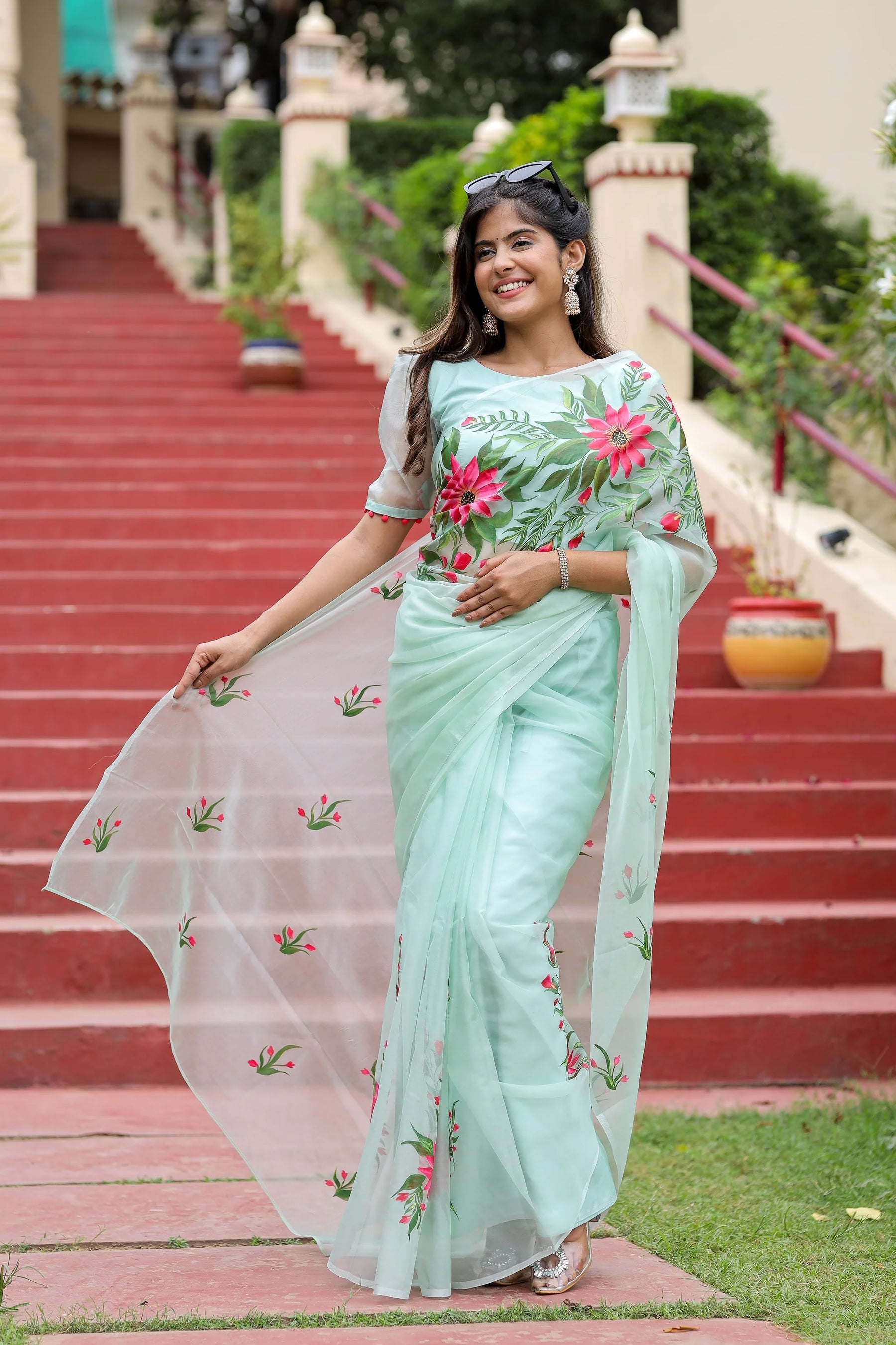 Pastel Green Hand painted Organza Saree