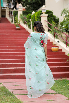 Pastel Green Hand painted Organza Saree