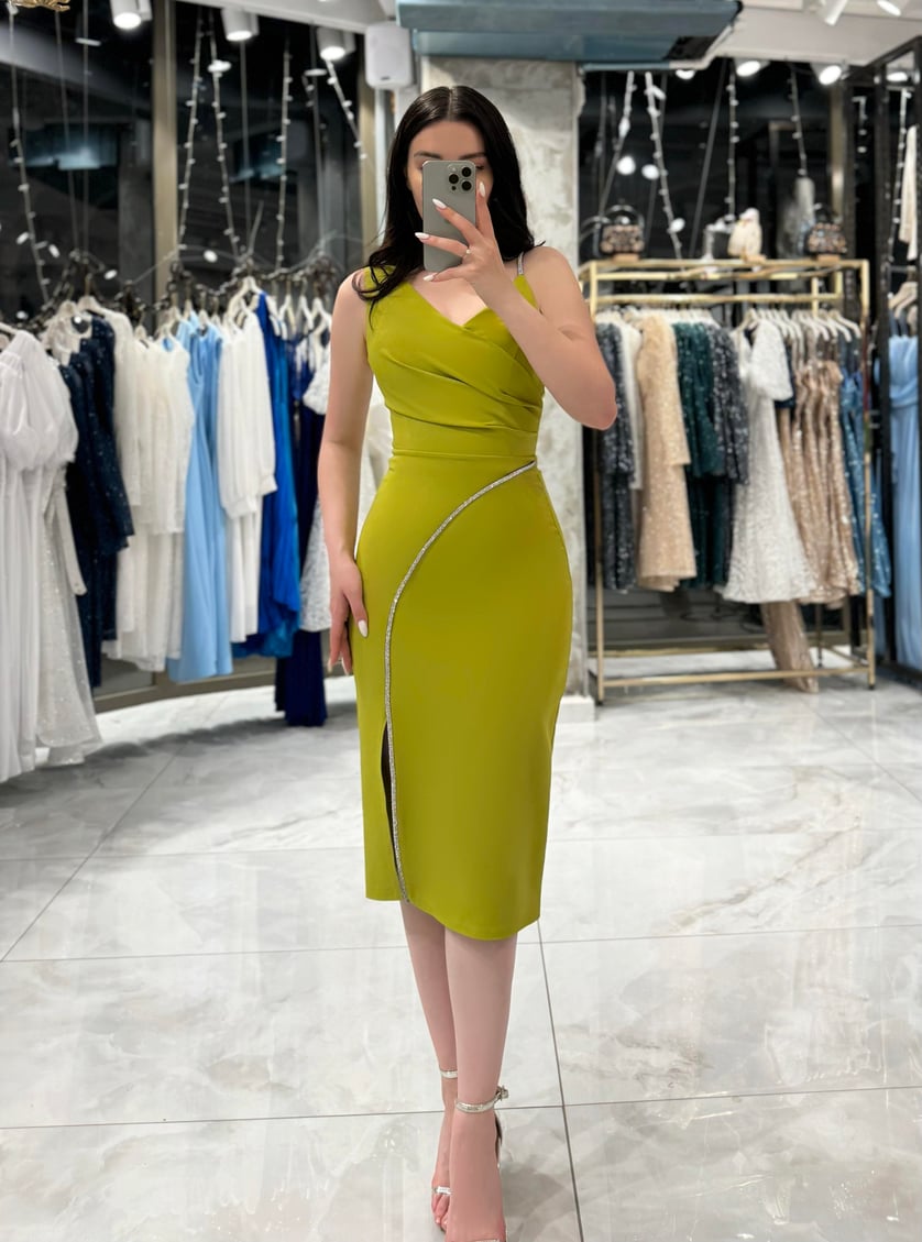 Arina One Shoulder Midi Evening Dress in Pistachio Green