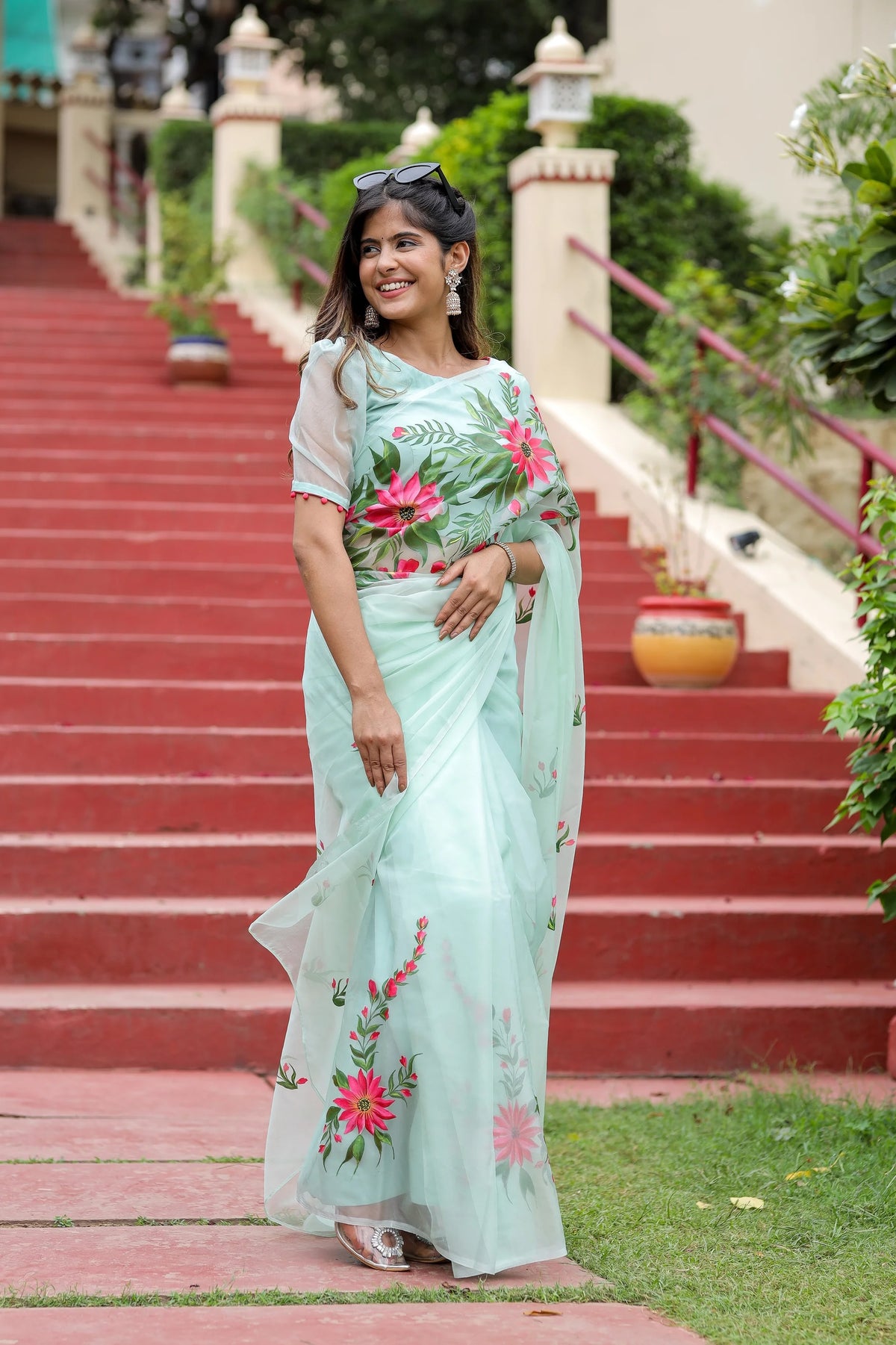 Pastel Green Hand painted Organza Saree