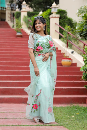 Pastel Green Hand painted Organza Saree