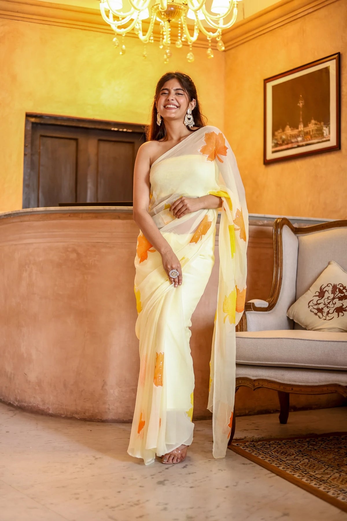 Radiate Elegance in the Sunlit Maple Embroidered & Handpainted Chiffon Saree Design