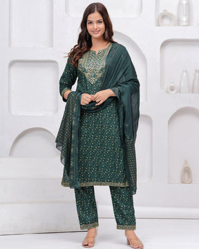 Dark Green Sequin Embroidered Rayon Kurta and Pant Set