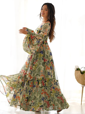 Outstanding Green Digital Printed Georgette Event Wear Gown