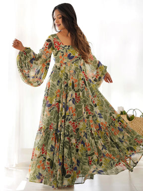 Outstanding Green Digital Printed Georgette Event Wear Gown